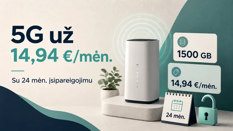 Gidai Telia 5G 750 GB planas už 14,94 euro per mėnesį su 24 mėnesių sutartimi