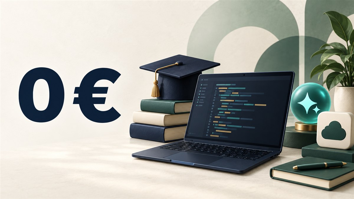 „GitHub Student Developer Pack“: nemokami įrankiai studentams Nešiojamas kompiuteris, studijų kepurė, knygos ir nulinę kainą žyminti iliustracija